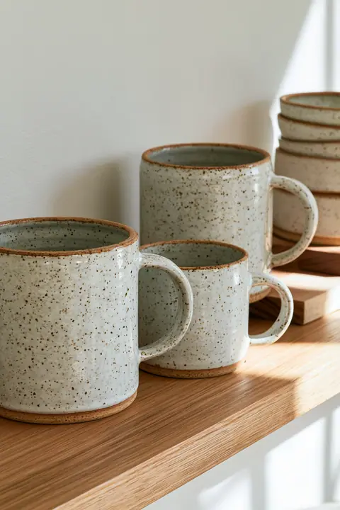 handmade speckled ceramic mugs on a pale wooden shelf, soft light, no text, no letters, no logos