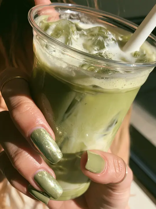 chrome-polished nails holding an iced matcha latte, close-up, sunlight, no text, no letters, no logos