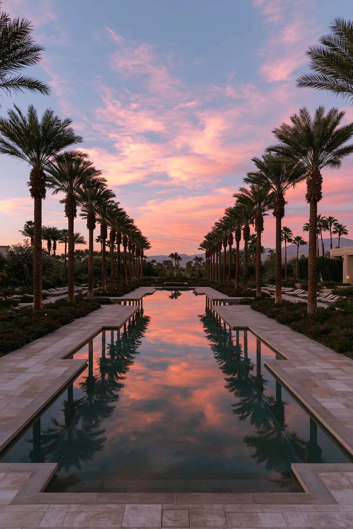 a pink sky over a still pool lined with palm trees, dusk, no text, no letters, no logos