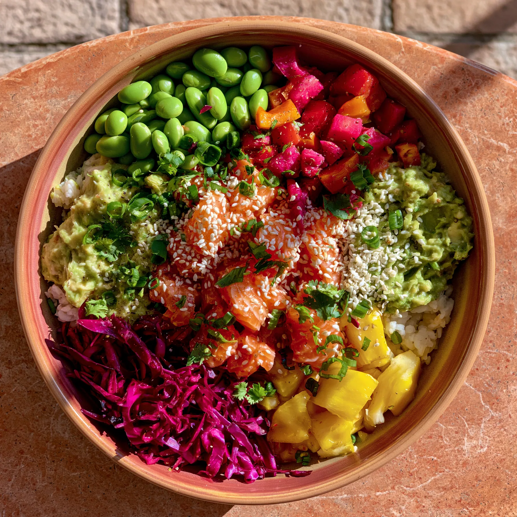 a colourful poke bowl from above on a terracotta table, natural light, no text, no letters, no logos