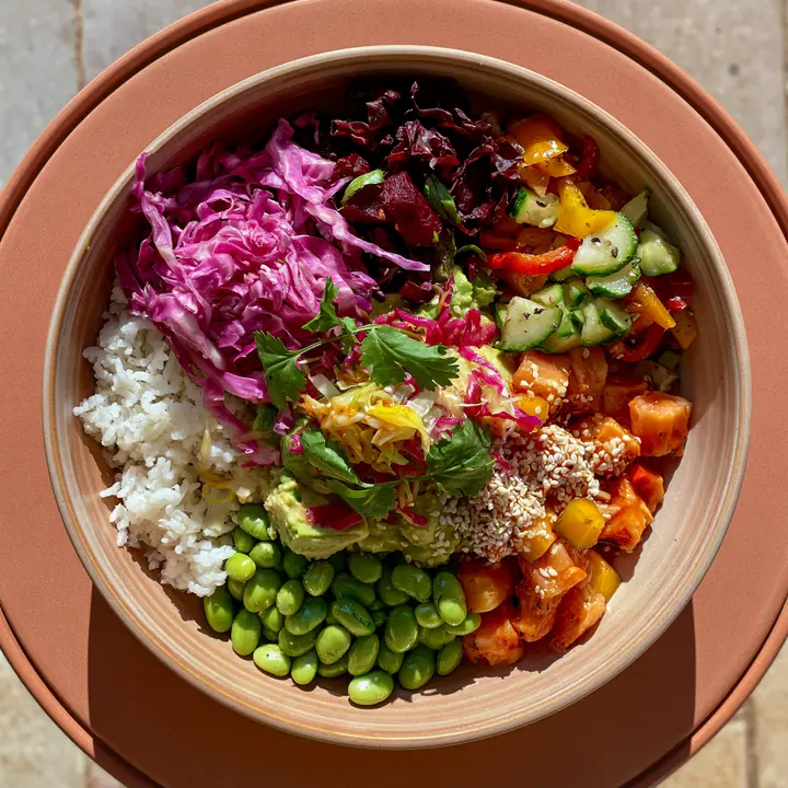 a colourful poke bowl from above on a terracotta table, natural light, no text, no letters, no logos