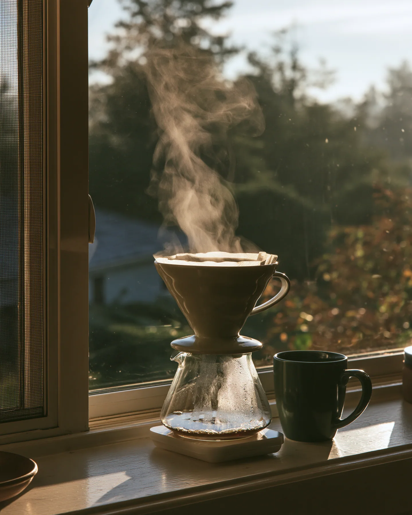 a ceramic pour-over coffee set on a windowsill at dawn, steam, no text, no letters, no logos