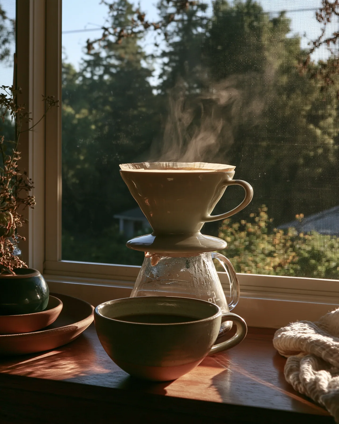 a ceramic pour-over coffee set on a windowsill at dawn, steam, no text, no letters, no logos
