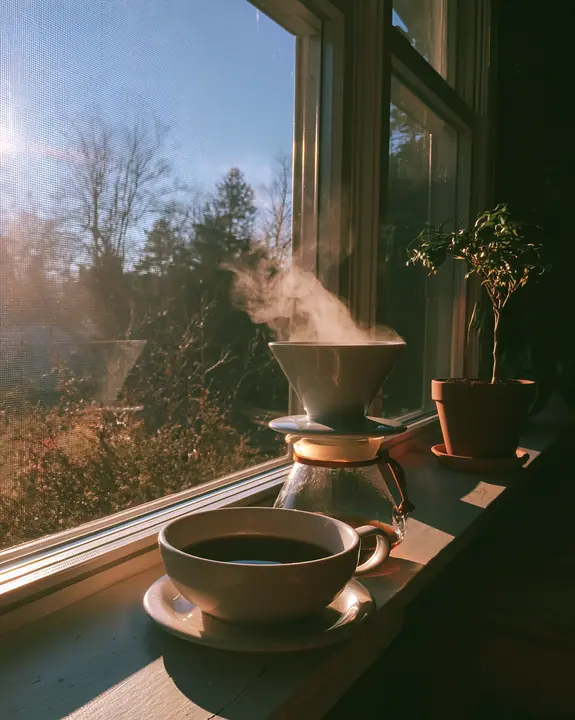 a ceramic pour-over coffee set on a windowsill at dawn, steam, no text, no letters, no logos