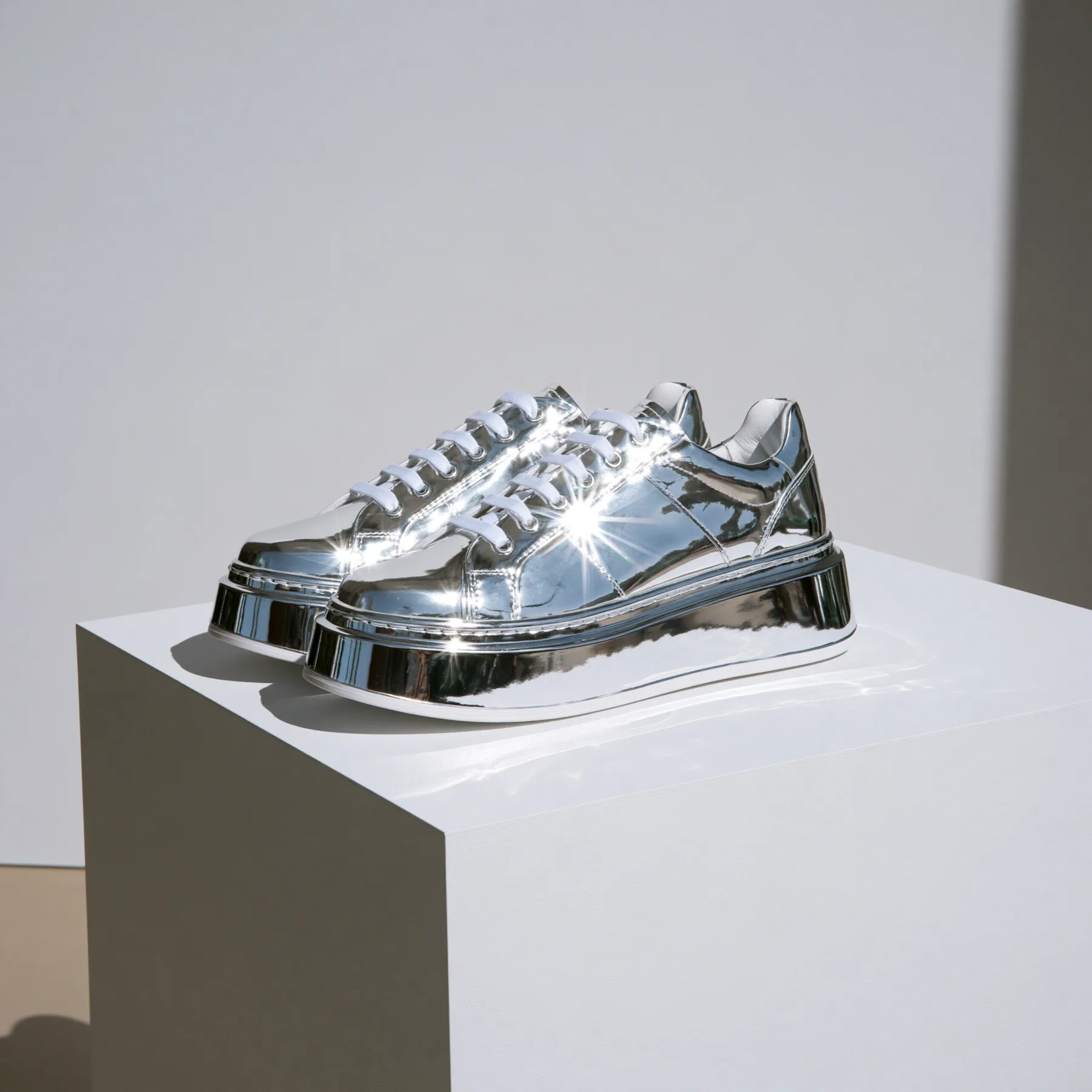 chunky silver sneakers on a white plinth, product photograph, soft shadow, no text, no letters, no logos
