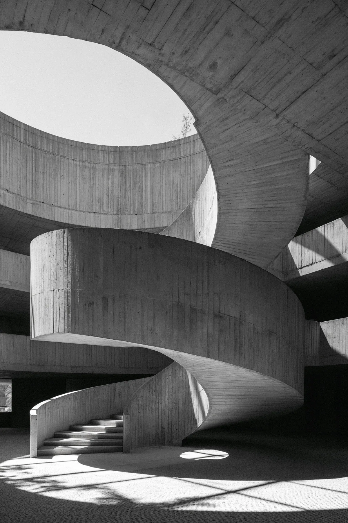 a brutalist concrete spiral staircase under a skylight, soft shadows, no text, no letters, no logos