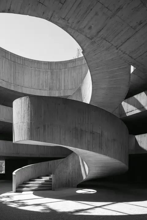 a brutalist concrete spiral staircase under a skylight, soft shadows, no text, no letters, no logos