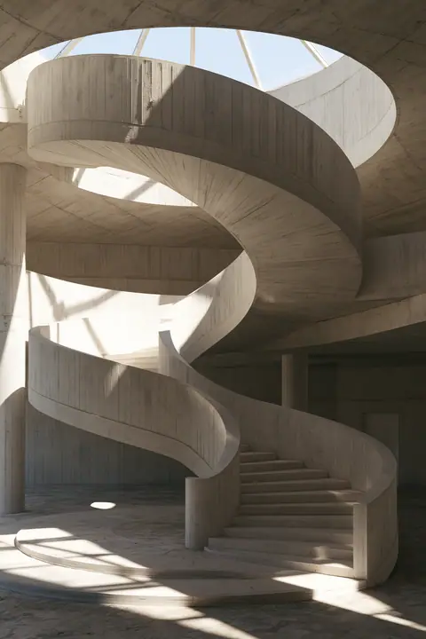a brutalist concrete spiral staircase under a skylight, soft shadows, no text, no letters, no logos