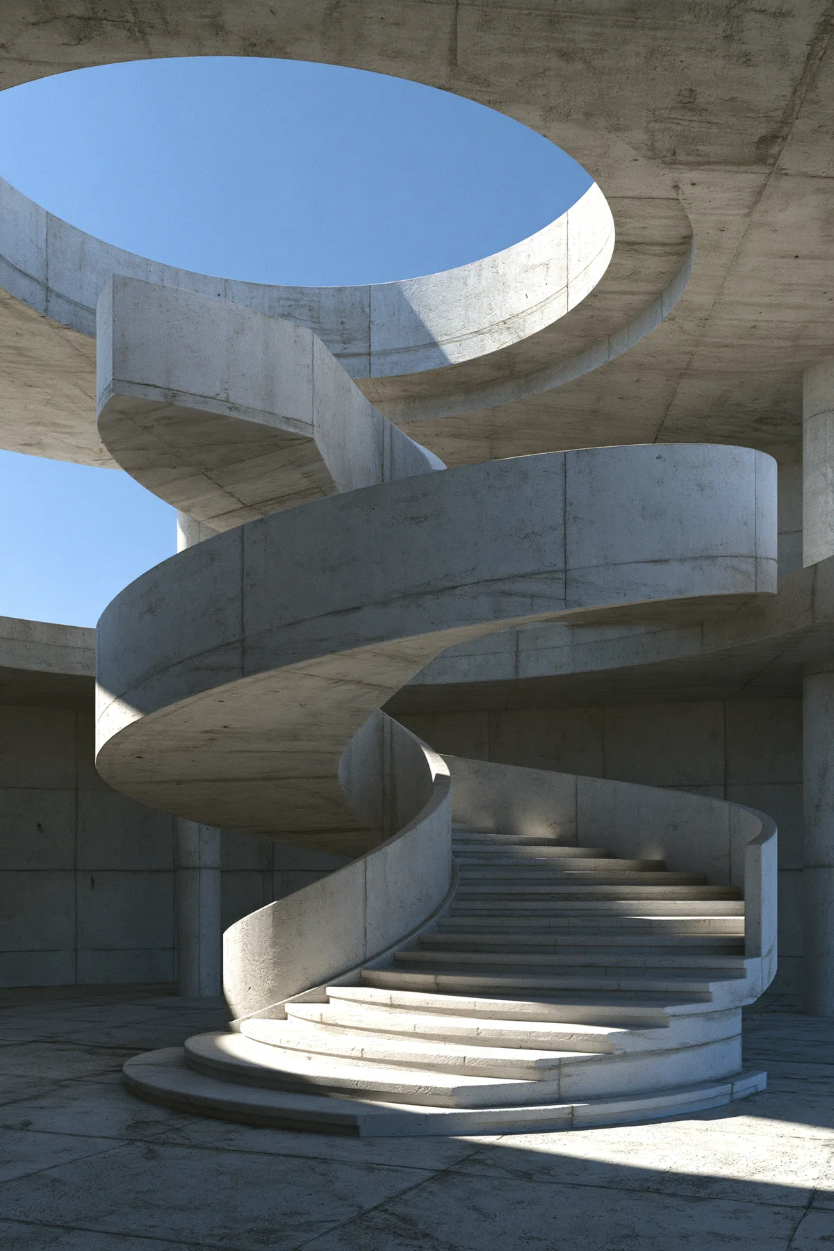 a brutalist concrete spiral staircase under a skylight, soft shadows, no text, no letters, no logos