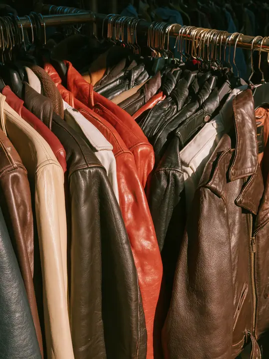 a rack of vintage leather jackets in a sunlit thrift shop, no text, no letters, no logos