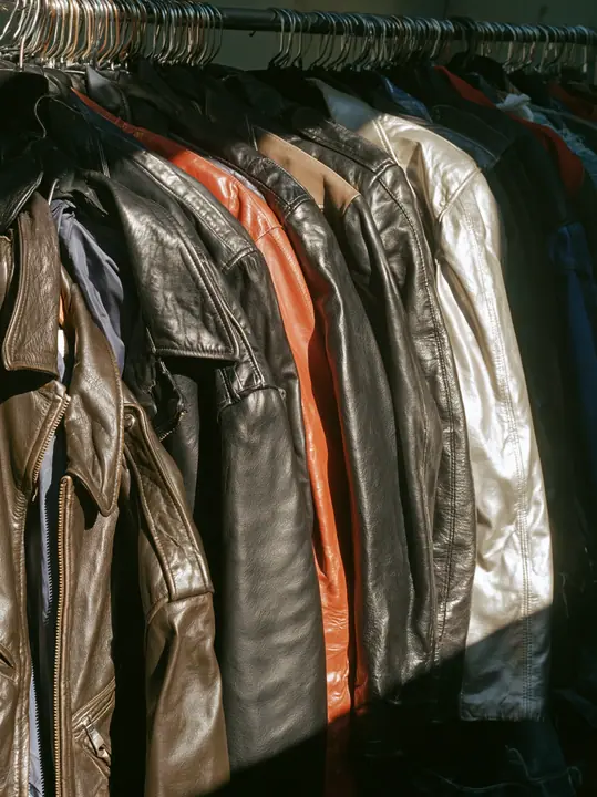 a rack of vintage leather jackets in a sunlit thrift shop, no text, no letters, no logos