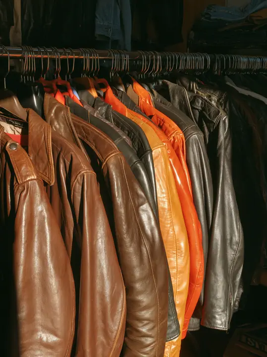 a rack of vintage leather jackets in a sunlit thrift shop, no text, no letters, no logos