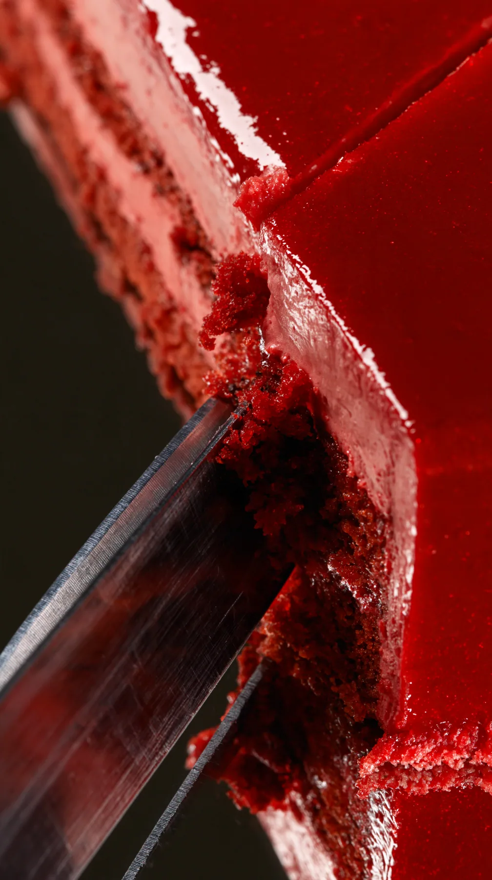 macro of a glossy mirror-glaze cake being sliced, a clean cut, studio light, no text, no letters, no logos