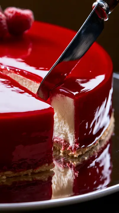 macro of a glossy mirror-glaze cake being sliced, a clean cut, studio light, no text, no letters, no logos