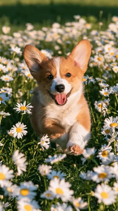 a corgi puppy running through a field of daisies toward the camera, golden hour, no text, no letters, no logos