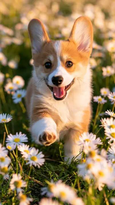 a corgi puppy running through a field of daisies toward the camera, golden hour, no text, no letters, no logos