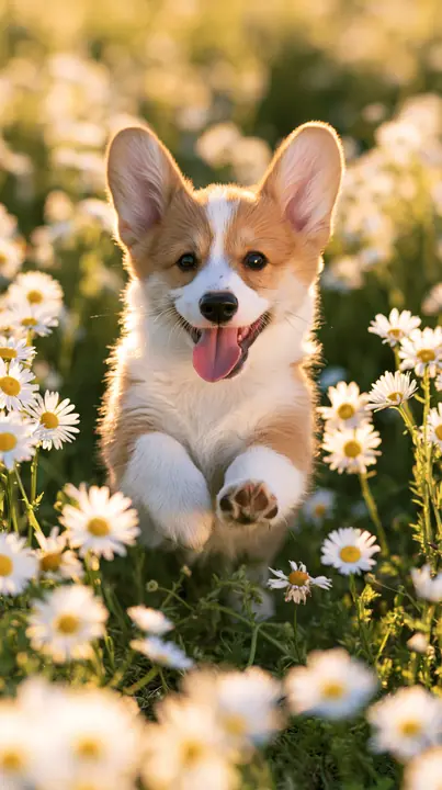 a corgi puppy running through a field of daisies toward the camera, golden hour, no text, no letters, no logos