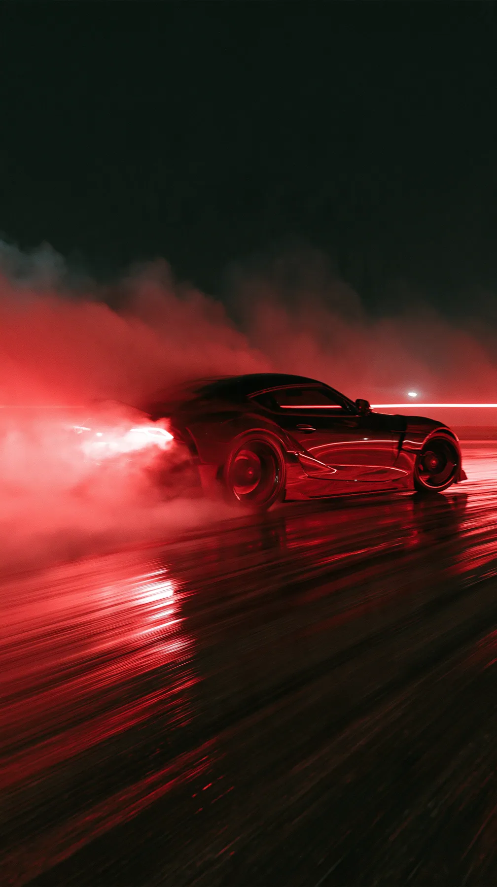 a sports car drifting on a wet track at night, tyre smoke lit red, light trails, no text, no letters, no logos