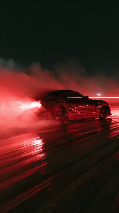 a sports car drifting on a wet track at night, tyre smoke lit red, light trails, no text, no letters, no logos