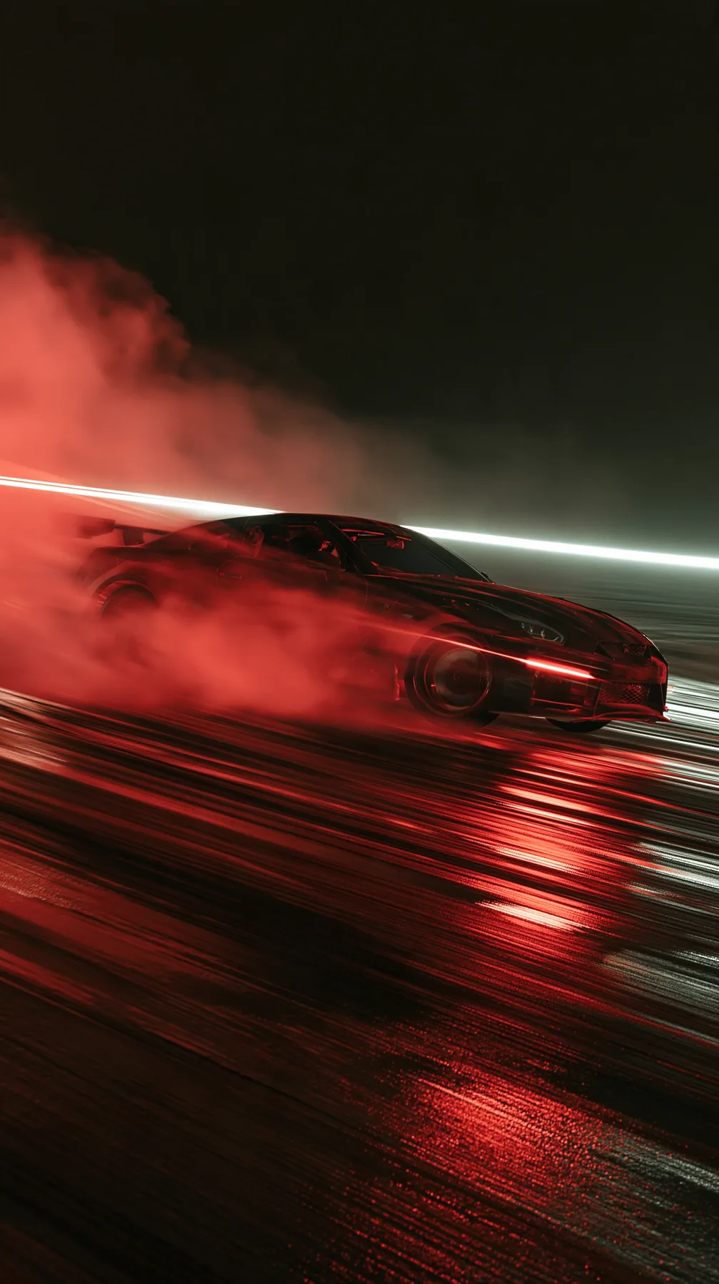 a sports car drifting on a wet track at night, tyre smoke lit red, light trails, no text, no letters, no logos