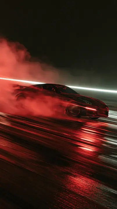 a sports car drifting on a wet track at night, tyre smoke lit red, light trails, no text, no letters, no logos