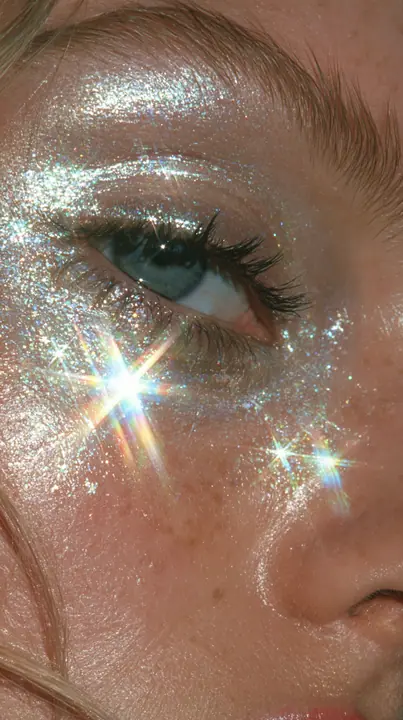 macro of iridescent glitter eyeshadow on an eyelid, sparkle, beauty editorial, no text, no letters, no logos