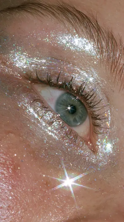 macro of iridescent glitter eyeshadow on an eyelid, sparkle, beauty editorial, no text, no letters, no logos