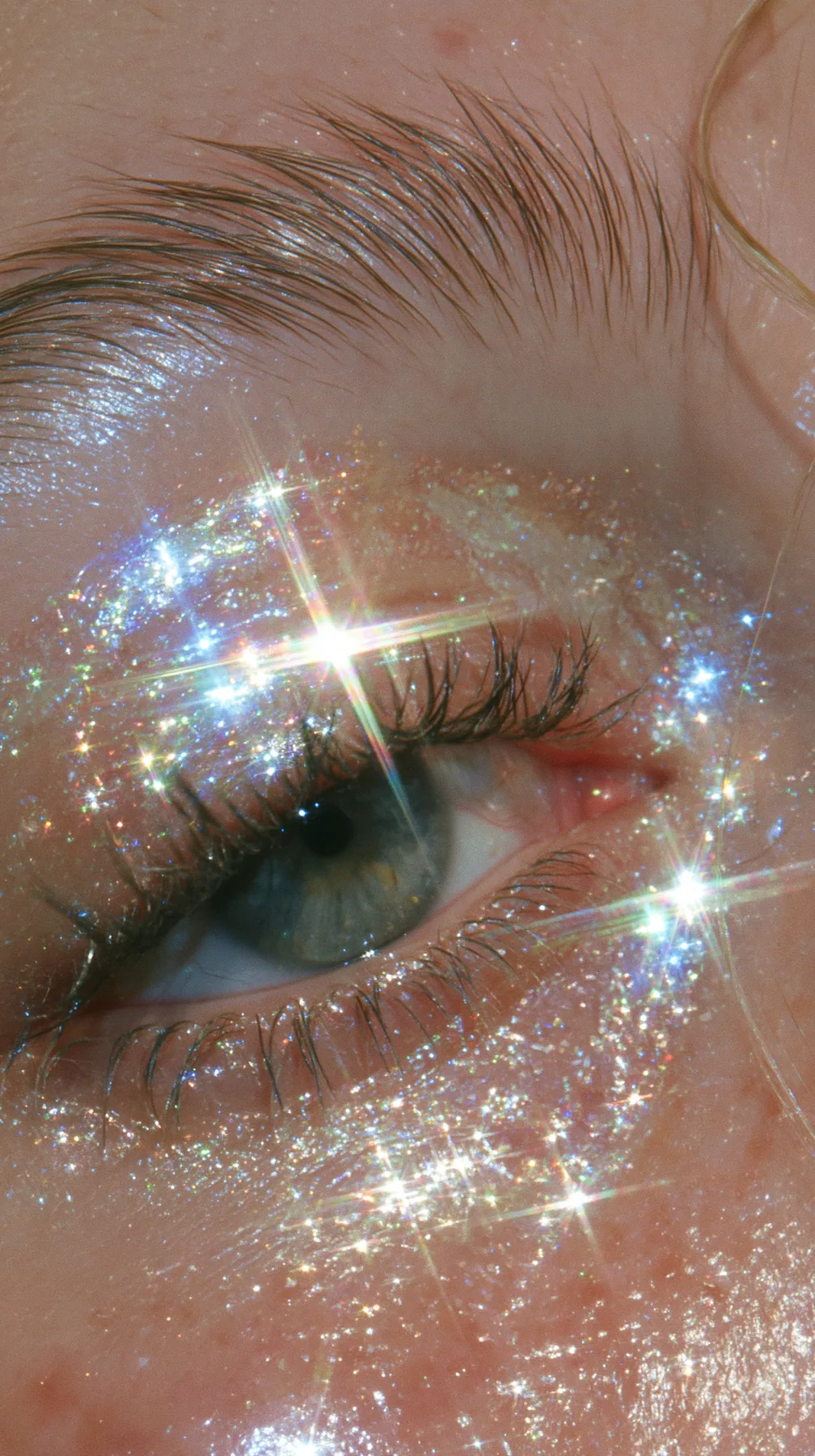 macro of iridescent glitter eyeshadow on an eyelid, sparkle, beauty editorial, no text, no letters, no logos