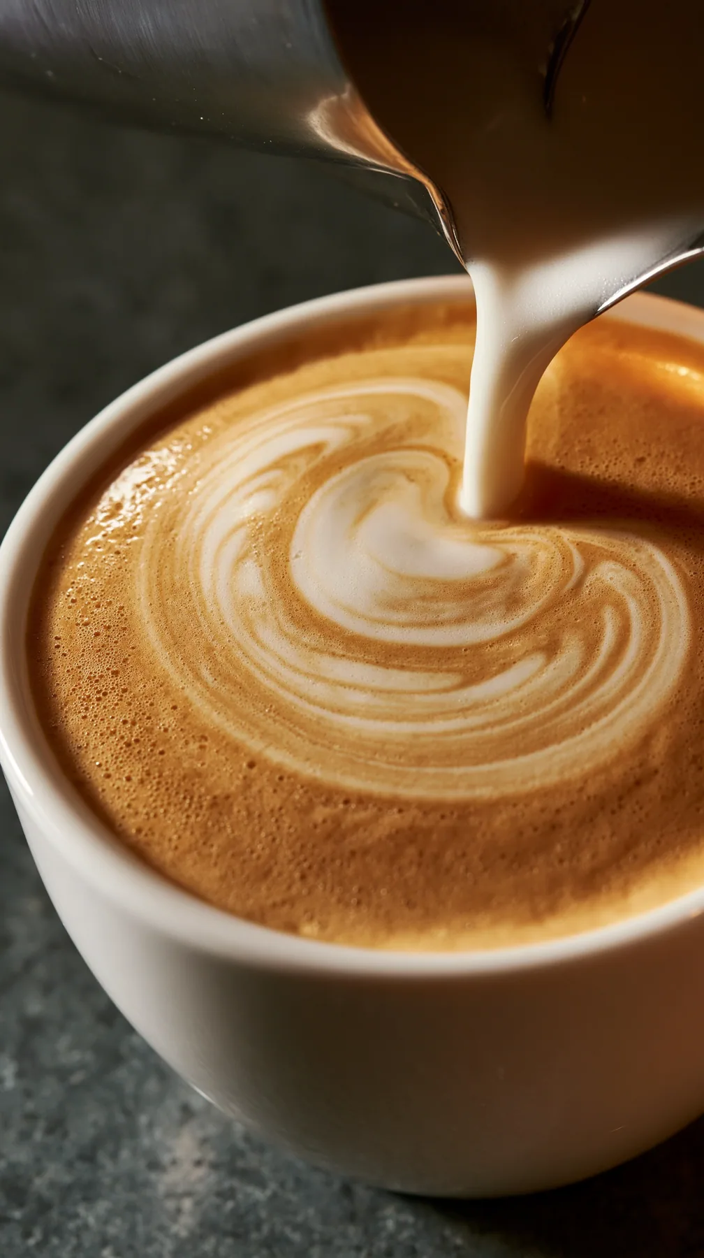 macro of latte art being poured, swirling cream, warm cafe light, no text, no letters, no logos