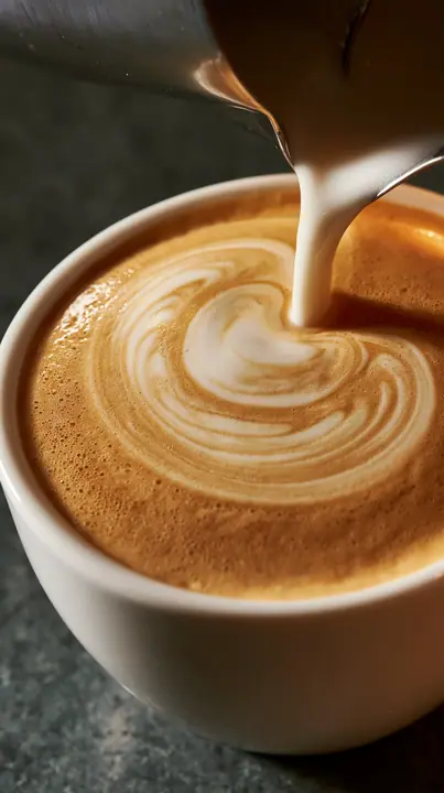 macro of latte art being poured, swirling cream, warm cafe light, no text, no letters, no logos