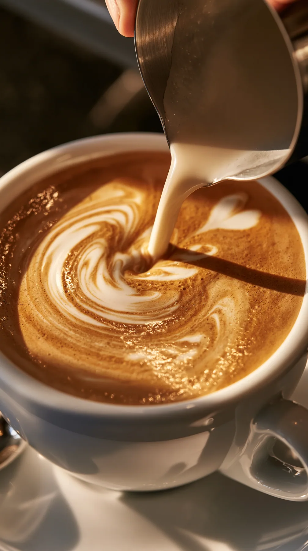macro of latte art being poured, swirling cream, warm cafe light, no text, no letters, no logos