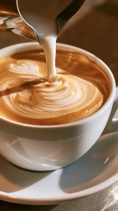 macro of latte art being poured, swirling cream, warm cafe light, no text, no letters, no logos