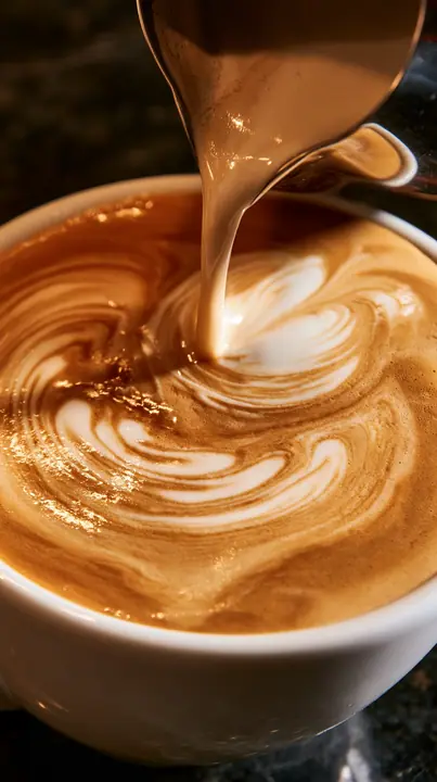 macro of latte art being poured, swirling cream, warm cafe light, no text, no letters, no logos