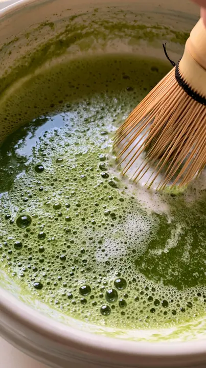 matcha being whisked in a ceramic bowl, bright green foam, overhead, no text, no letters, no logos