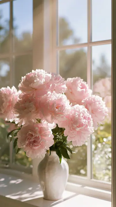 a ceramic vase of pink peonies in soft morning window light, dreamy, airy, no text, no letters, no logos