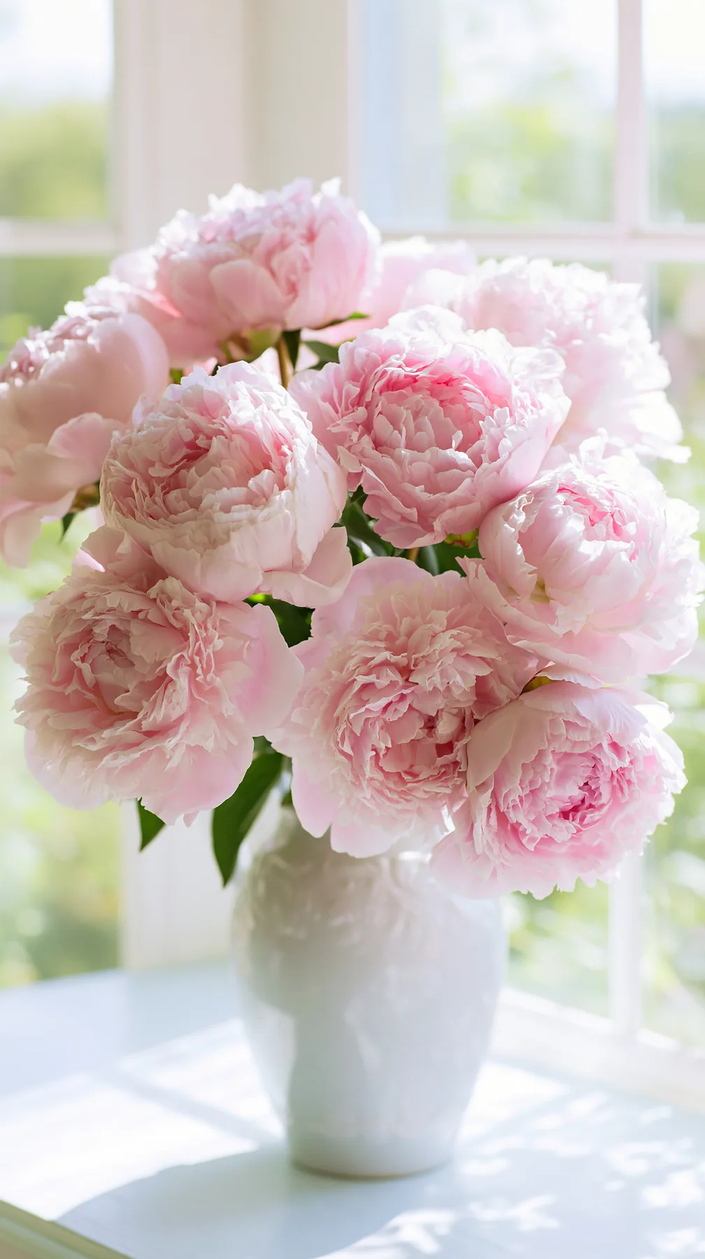 a ceramic vase of pink peonies in soft morning window light, dreamy, airy, no text, no letters, no logos