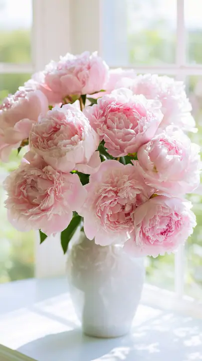a ceramic vase of pink peonies in soft morning window light, dreamy, airy, no text, no letters, no logos