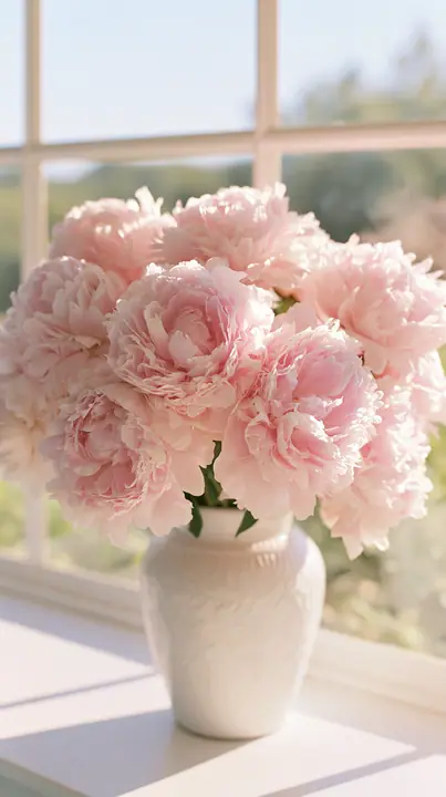 a ceramic vase of pink peonies in soft morning window light, dreamy, airy, no text, no letters, no logos