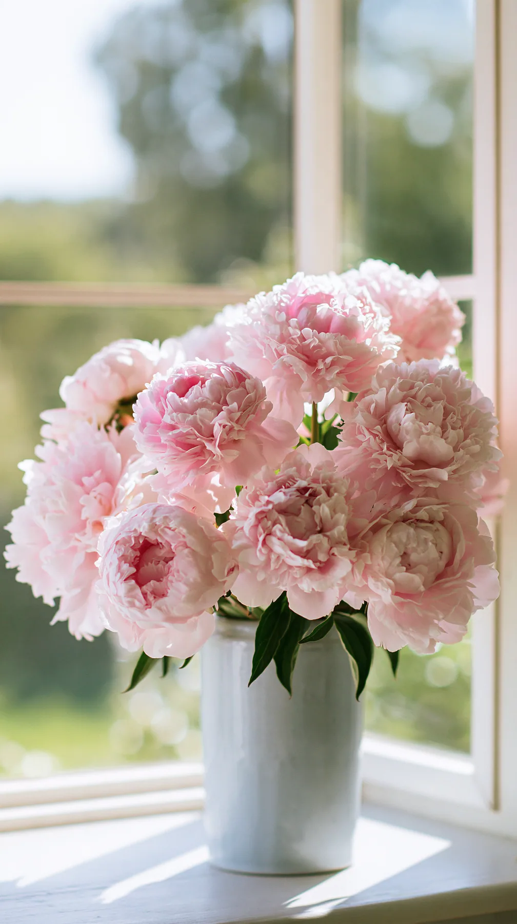 a ceramic vase of pink peonies in soft morning window light, dreamy, airy, no text, no letters, no logos