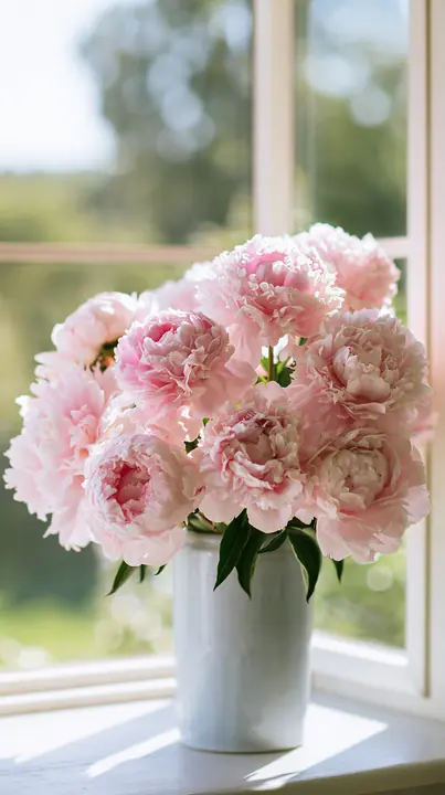 a ceramic vase of pink peonies in soft morning window light, dreamy, airy, no text, no letters, no logos