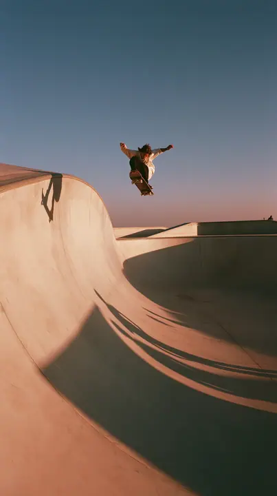 a skateboarder mid-ollie over a pastel concrete ramp at sunset, long shadows, no text, no letters, no logos