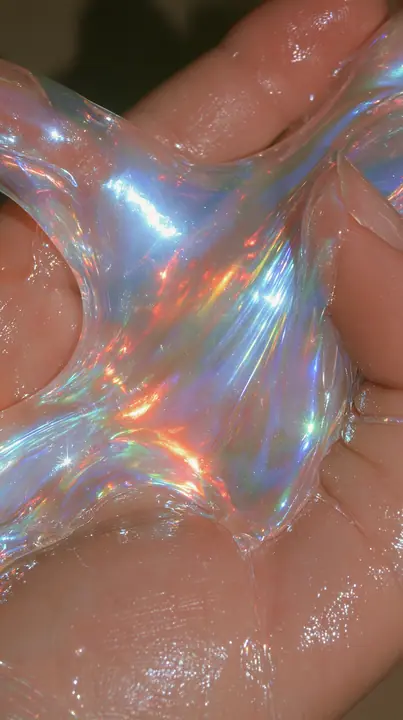 macro of iridescent slime stretched between fingers, oddly satisfying, glossy, no text, no letters, no logos