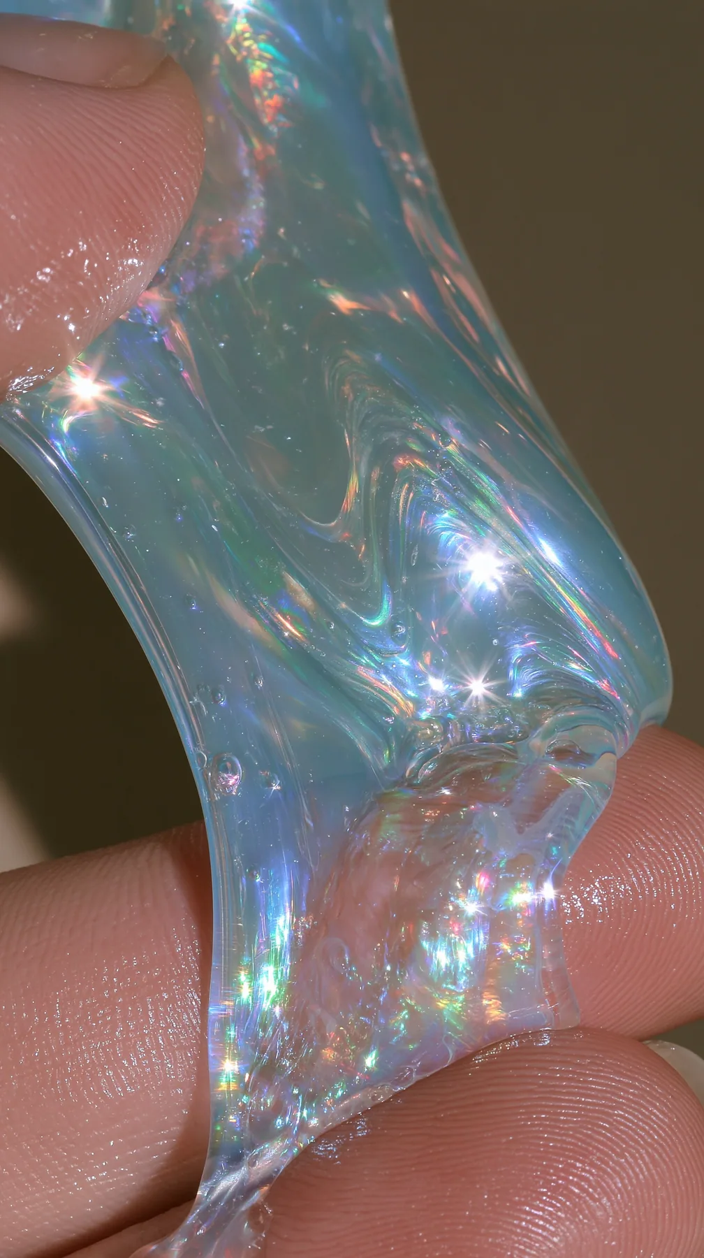 macro of iridescent slime stretched between fingers, oddly satisfying, glossy, no text, no letters, no logos