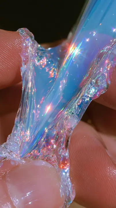 macro of iridescent slime stretched between fingers, oddly satisfying, glossy, no text, no letters, no logos