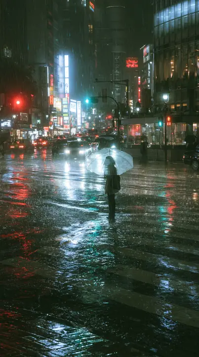 a neon-lit city street in the rain at night, reflections on wet asphalt, a lone umbrella, no text, no letters, no logos