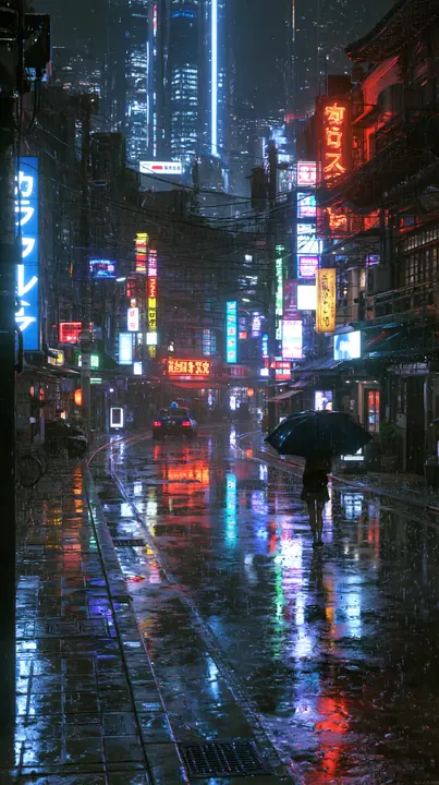 a neon-lit city street in the rain at night, reflections on wet asphalt, a lone umbrella, no text, no letters, no logos