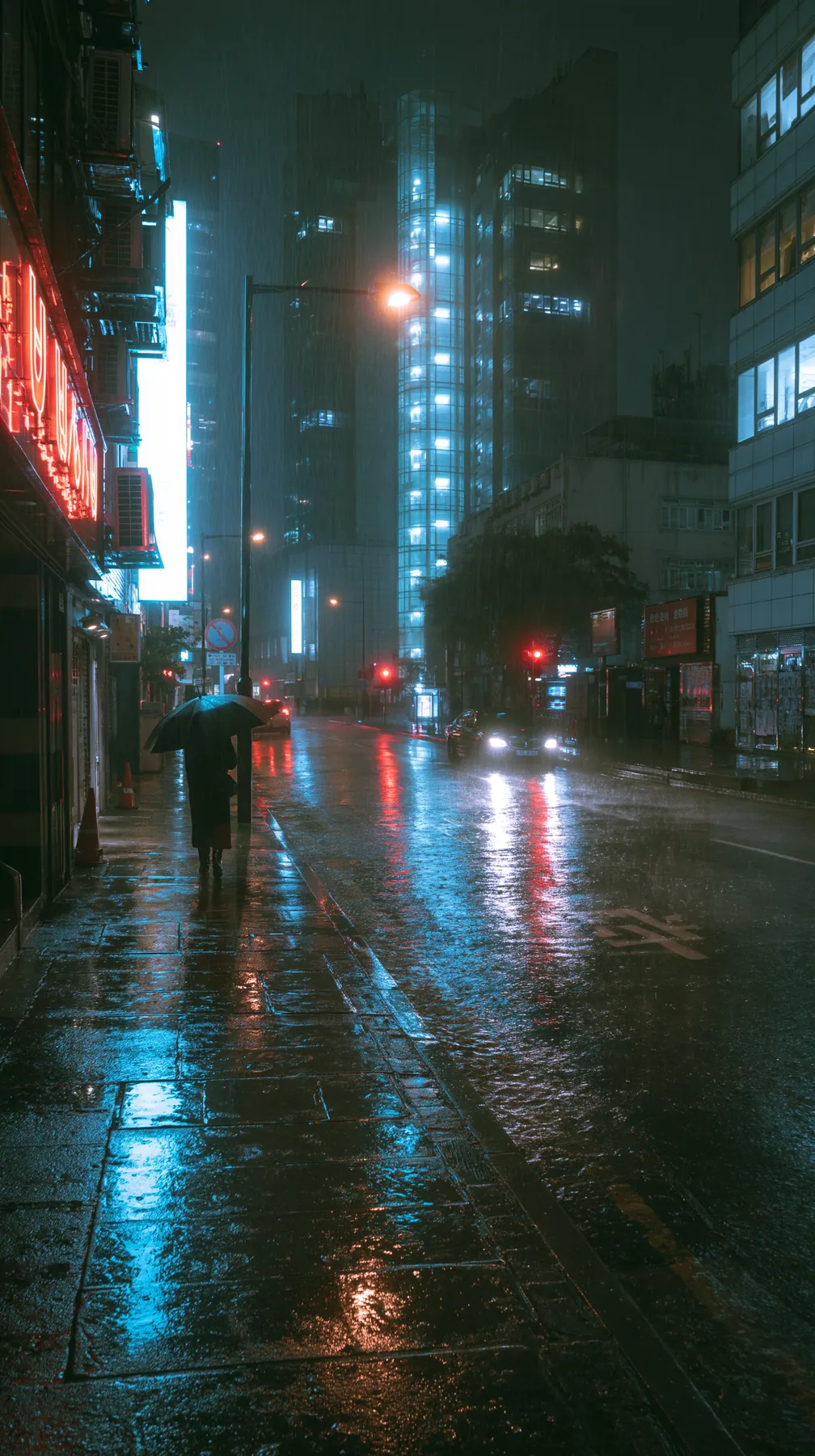 a neon-lit city street in the rain at night, reflections on wet asphalt, a lone umbrella, no text, no letters, no logos