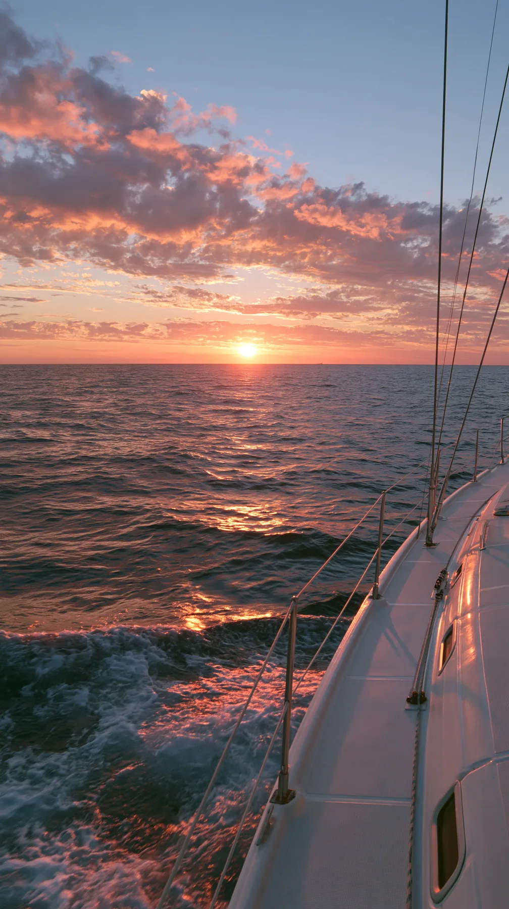 a pink sunset over a calm sea from the deck of a white yacht, golden hour, no text, no letters, no logos
