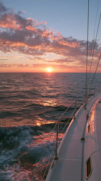 a pink sunset over a calm sea from the deck of a white yacht, golden hour, no text, no letters, no logos
