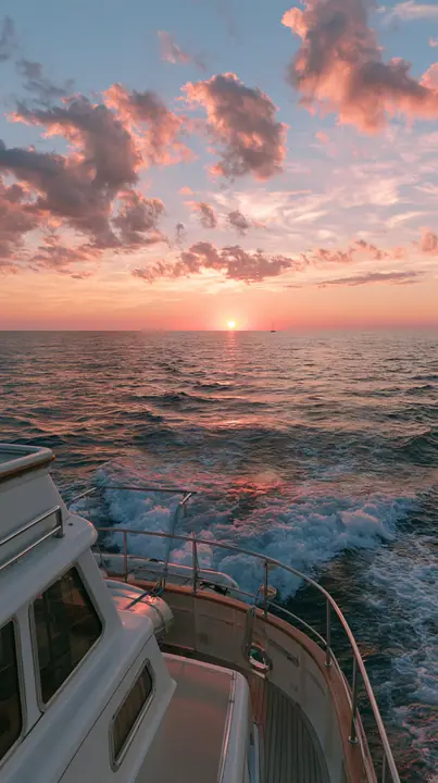 a pink sunset over a calm sea from the deck of a white yacht, golden hour, no text, no letters, no logos
